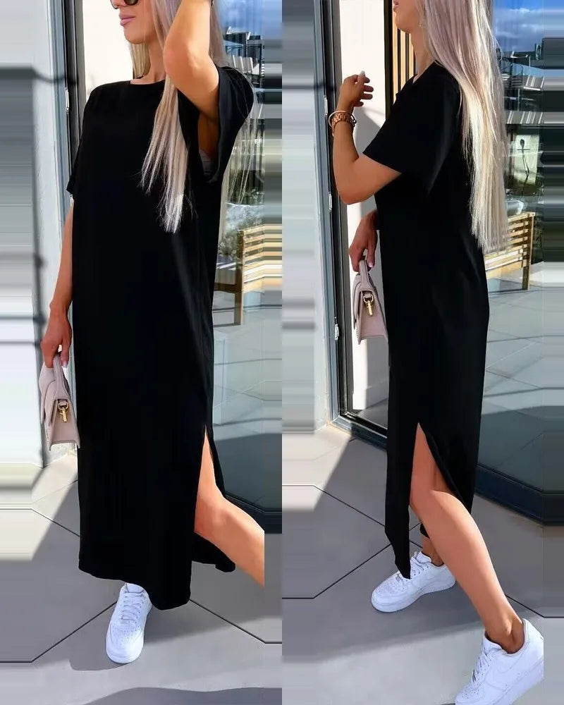 Fashion Simple O Neck Short Sleeve Solid Dress For Women New 2024 Summer Casual Loose Comfortable Split Long Dress Robe Femme