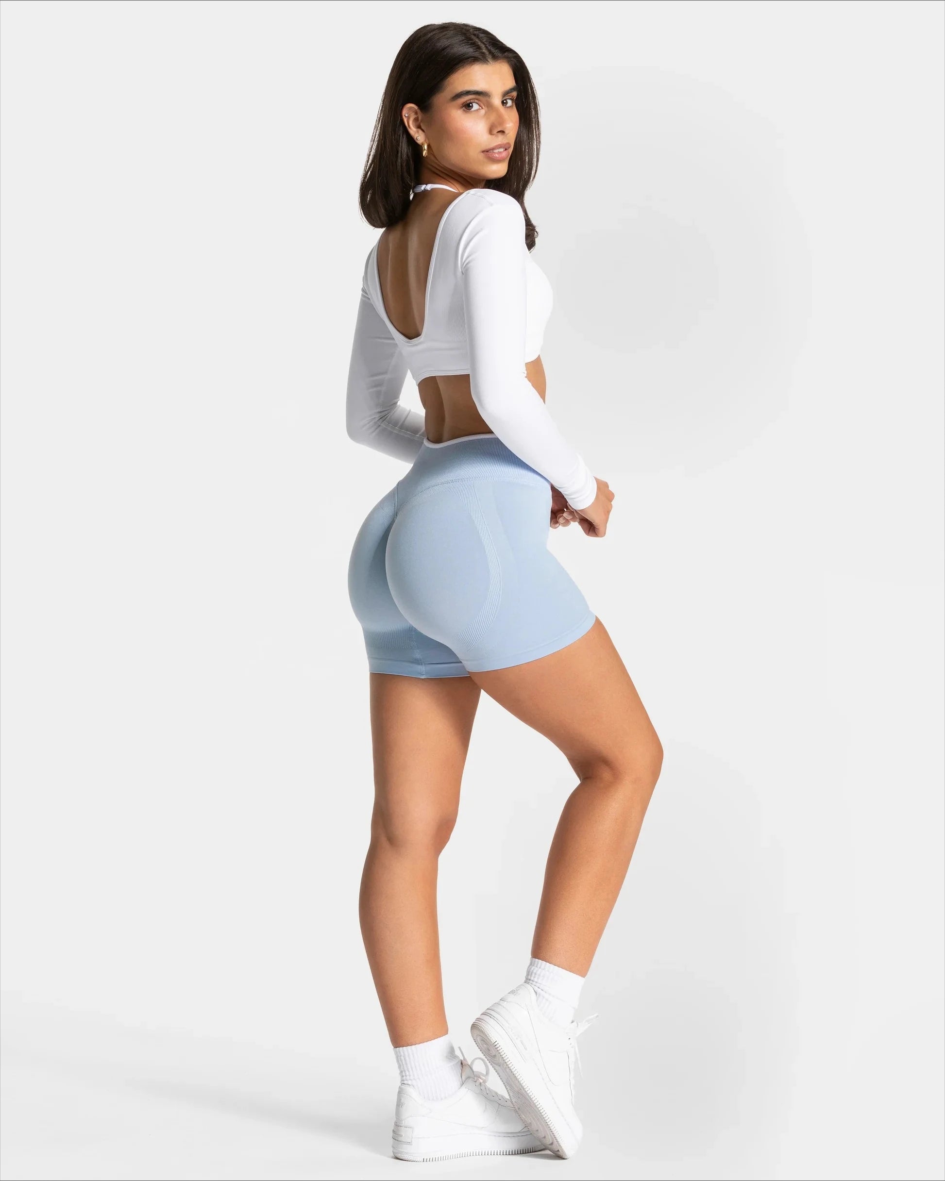 Frauen Nahtlose Gym Einfarbig Sport Shorts Weiß Taille Enge Hohe Taille Hüfte Heben Yoga Hosen Laufsport Shorts