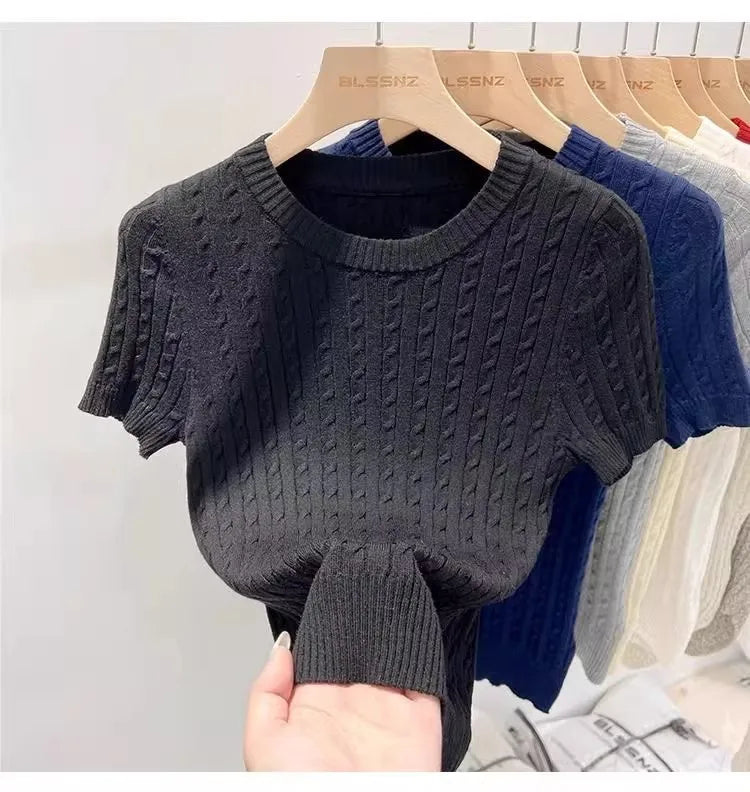 Zjaiss 2026 Sommer Koreanisches Retro Elegantes Textur-Kurzarm-Oberteil mit O-Ausschnitt und Zopfmuster für Damen – Weiches, lässiges, vielseitiges, dünnes T-Shirt