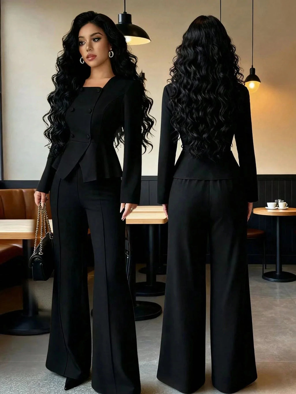 2026 Damen Business-Anzug, 2-teilig, Eleganter Zweireiher-Blazer mit eckigem Ausschnitt und Schößchen + High-Waist Schlaghose, Formelles Büro-Outfit