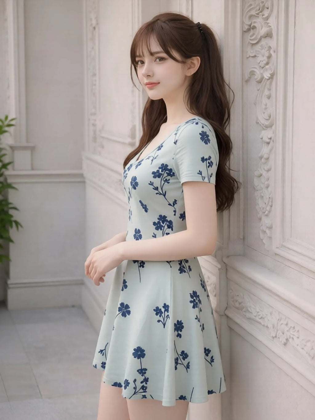 Damen-Minikleid mit V-Ausschnitt, kurzärmelig, Blumenmuster, lässiges Reiseoutfit, feminin, anmutig, entspannt, leicht zu tragen, modisch, charmant, niedlich, Café