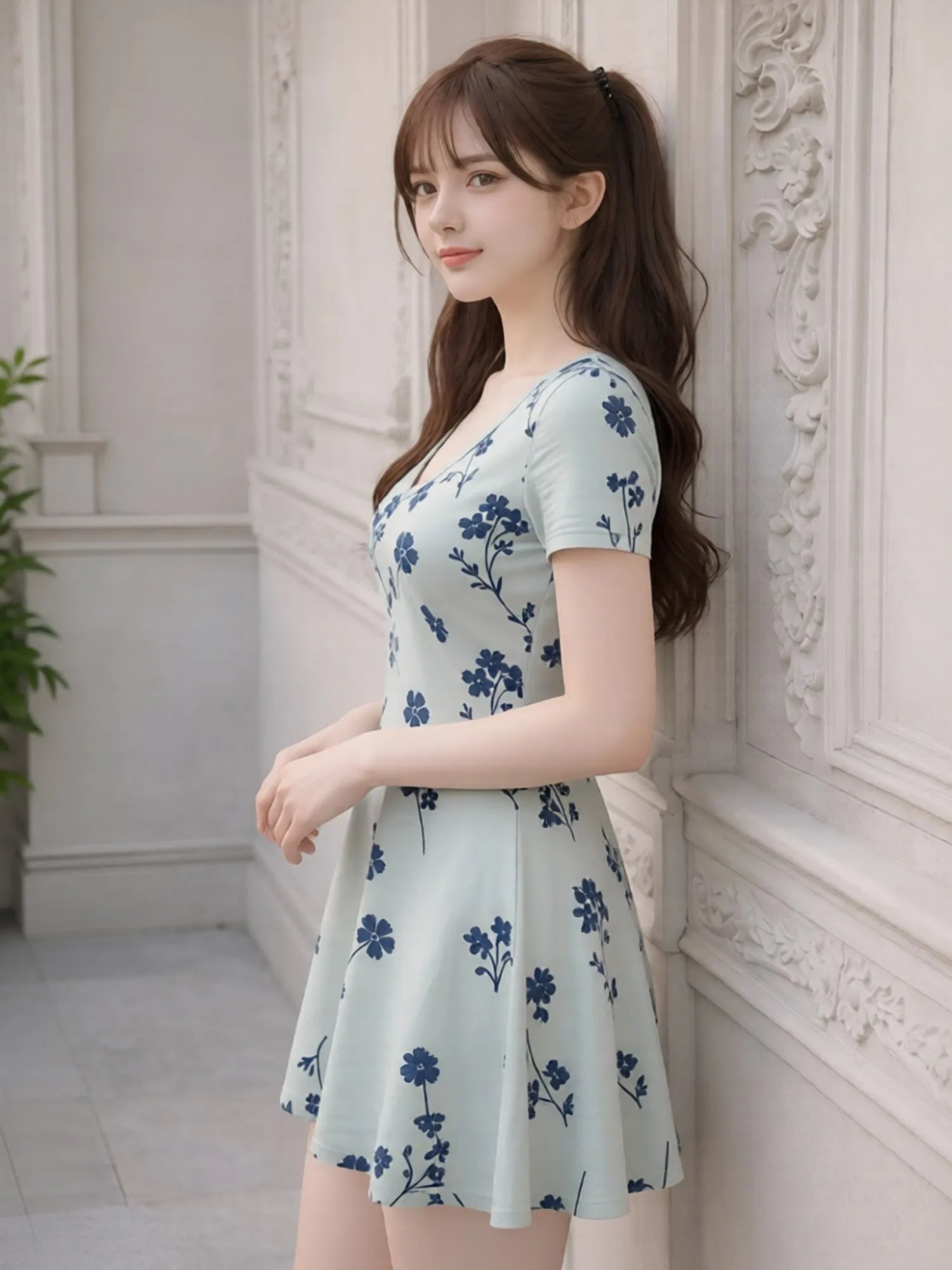 Damen-Minikleid mit V-Ausschnitt, kurzärmelig, Blumenmuster, lässiges Reiseoutfit, feminin, anmutig, entspannt, leicht zu tragen, modisch, charmant, niedlich, Café