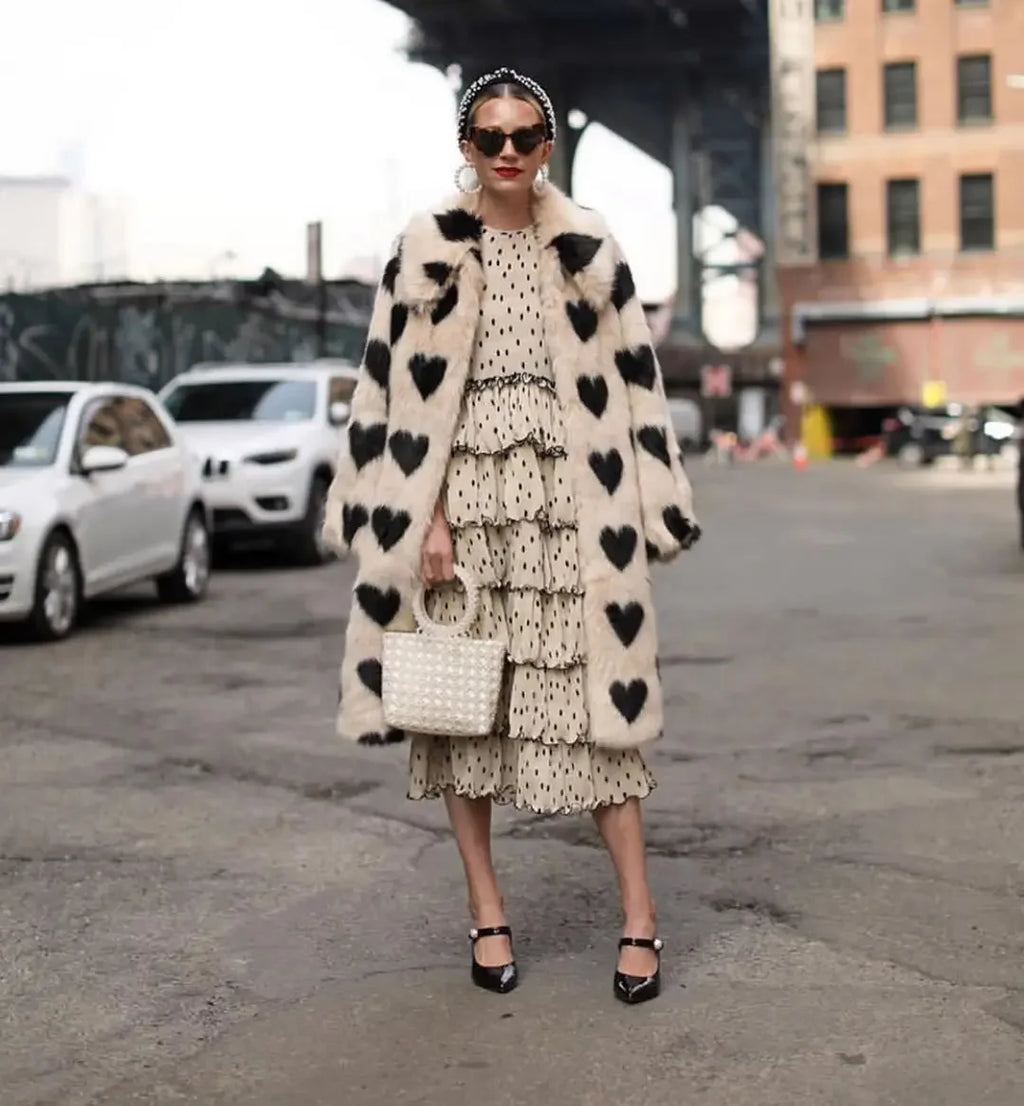 Winter Fashion Week Mode Lange Liebe Herz Muster Hohe Qualität Faux Fuchs Pelzmantel Frauen Jacke