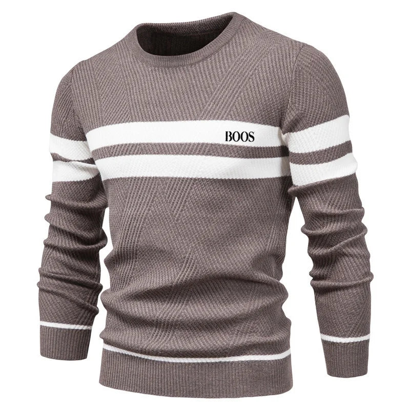 Autumn and winter men's casual striped men's sweater pullover, color blocked round neck embroidered men's European size knitted