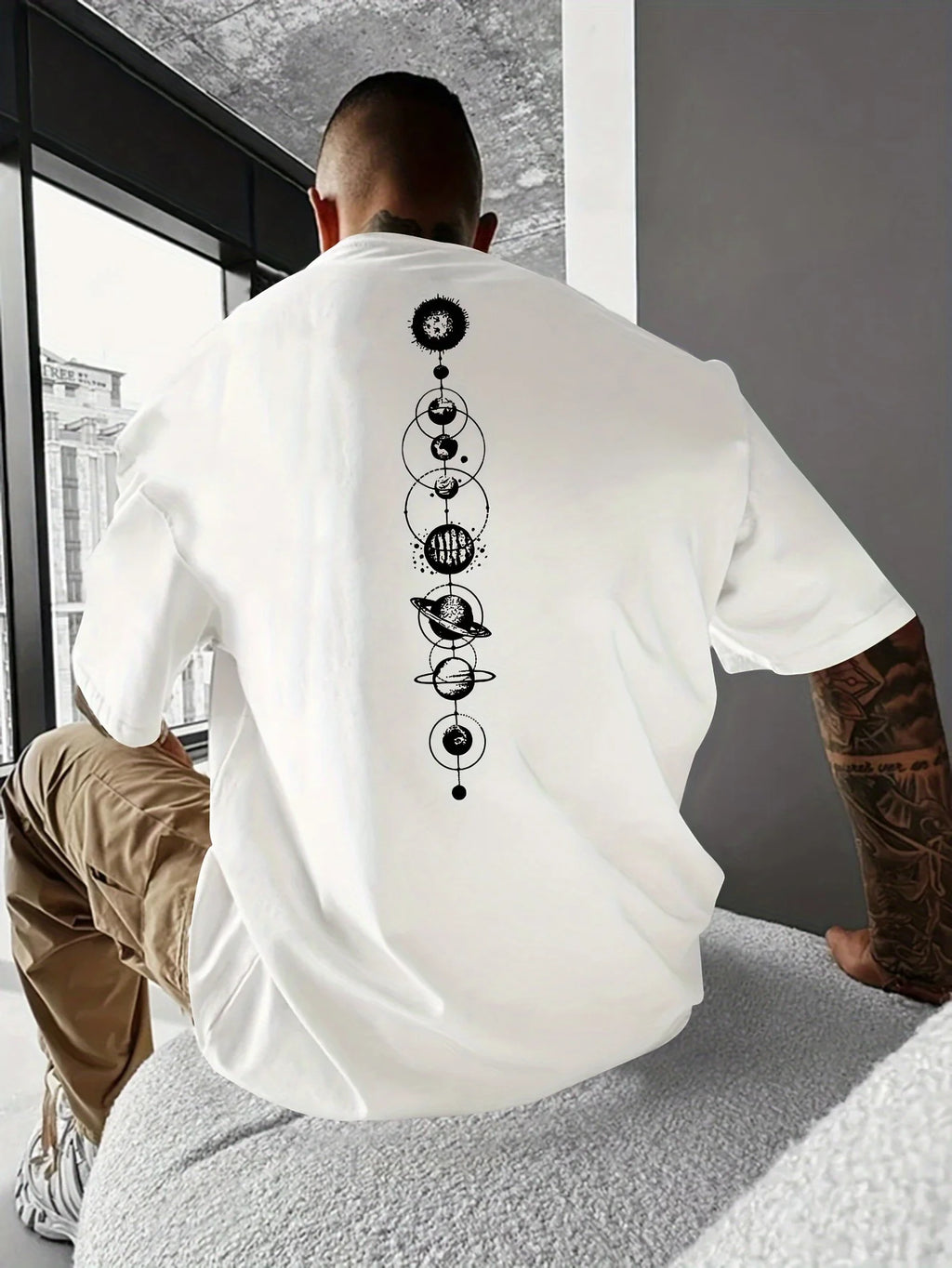 Herren-T-Shirt-Oberteil aus 100 % reiner Baumwolle, Sommer, lockere Größe, Planet-Grafikdruck, lässig, schmale Passform, Rundhalsausschnitt, kurzärmelig