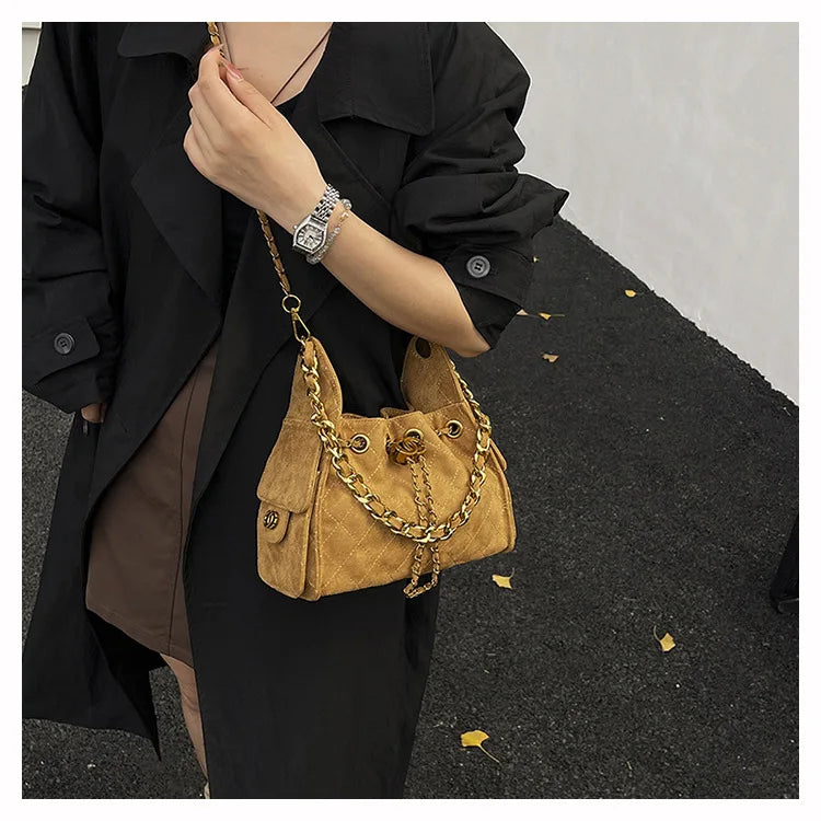 Trendy Geometric Chain Underarm Bag Women's Shoulder Bag Commuter Crossbody Bag Versatile PU Bucket Bag Autumn New Style