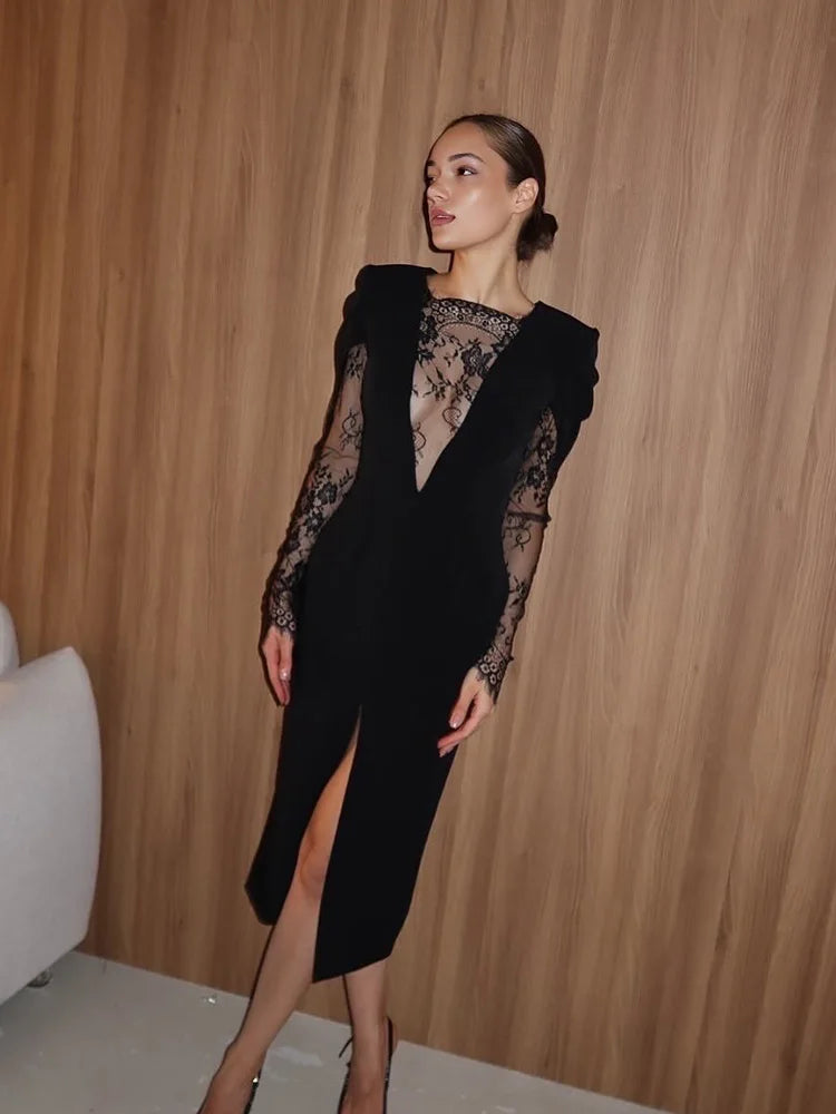 Ahagaga Eelgant Spitze frauen Kleid Patchwork Lange Ärmel Herbst Party Slim Fit Mantel Samt Sexy Split Trend Weibliche Vestidos