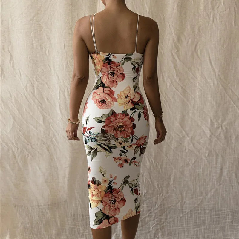 Vintage Floral Print Schlank Bodycon Maxi Kleid Frauen Ärmellose Spaghetti Strap Dünne Lange Kleid Elegante Club Party Vestidos