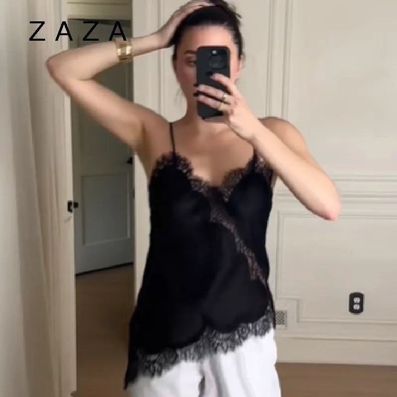 Sommer Frauen Halter Top Satin Spitze Gespleißt Tank Backless Tiefem Hals Sexy Weste Unregelmäßigen Saum Vestidos 2025, Dame Urlaub Sexy Tops