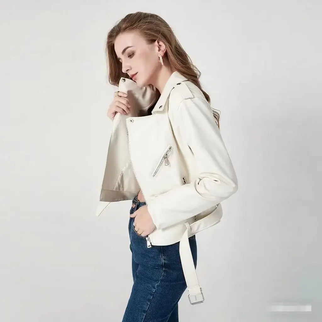 Damen-PU-Lederjacke, schmale Passform, Motorrad, gewaschener Reißverschluss, Oberteil, Herbst-Winter, modische Oberbekleidung, lässiger Stil, volle Ärmel