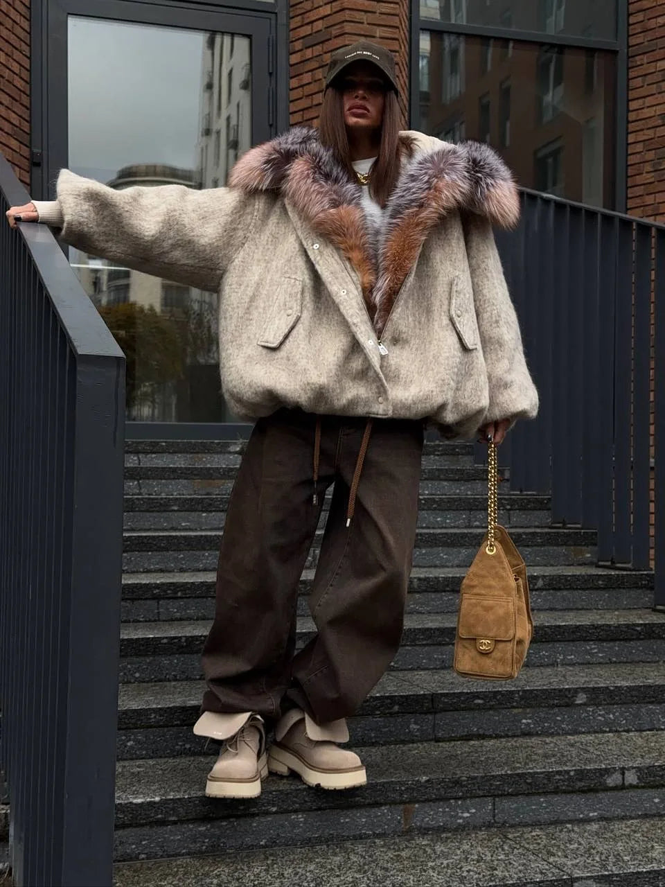 Gefärbter Pelzkragen, kurze Wolljacke für Damen, modisch, Revers, volle Ärmel, einreihig, Patchwork, lose Jacken, 2025, Winter-Outwear