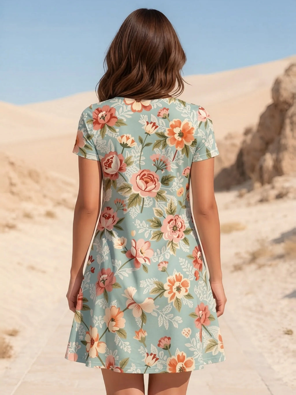 Damen-Kleid mit V-Ausschnitt, kurzen Ärmeln und Blumenmuster, Skater-Kleid für den Alltag, lässiges Outfit, schön, für den Alltag, feminin, anmutig, entspannt, leicht zu tragen, süß, Café