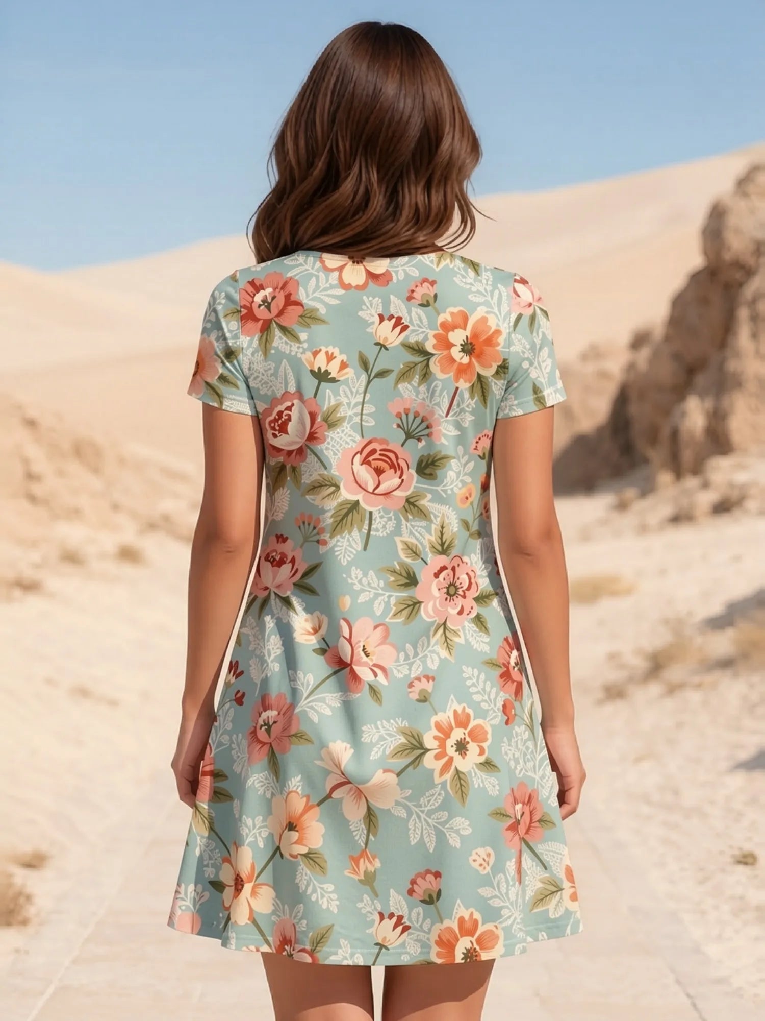 Damen-Kleid mit V-Ausschnitt, kurzen Ärmeln und Blumenmuster, Skater-Kleid für den Alltag, lässiges Outfit, schön, für den Alltag, feminin, anmutig, entspannt, leicht zu tragen, süß, Café
