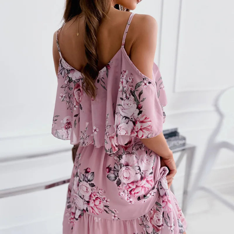 Sexy Off Schulter Floral Chiffon Mini Frauen Kleid 2022 Sommer Kurzarm Casual Weiß Rüschen Kleider Für Frauen Robe Femme
