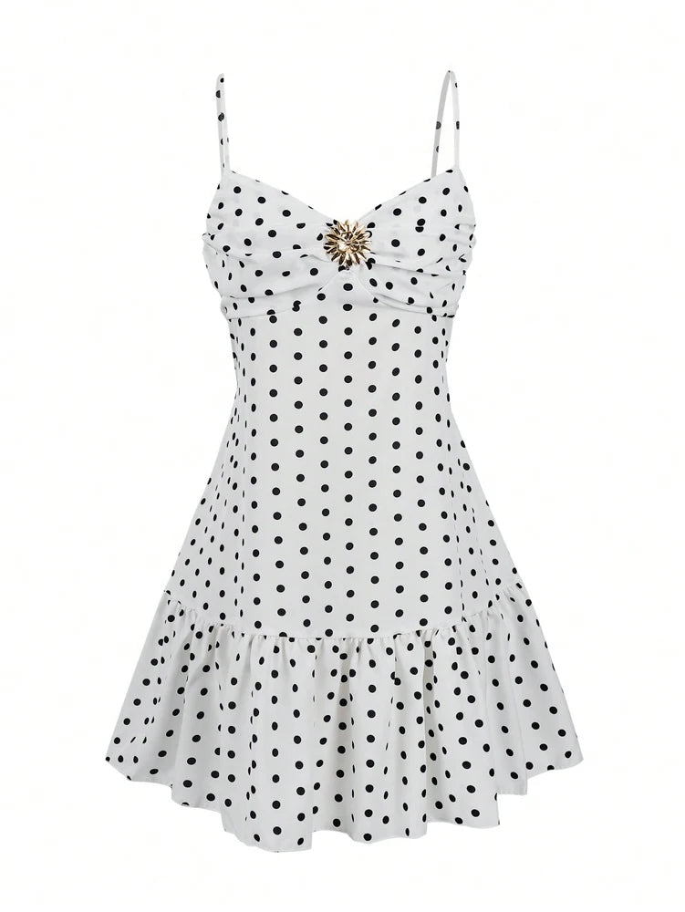 2026 Sommer Neues Damen Polka Dot Minikleid, Sexy Spaghetti-Träger Rüschen-Saum Cami-Kleid, Urlaubs- und Strandparty-Kleid