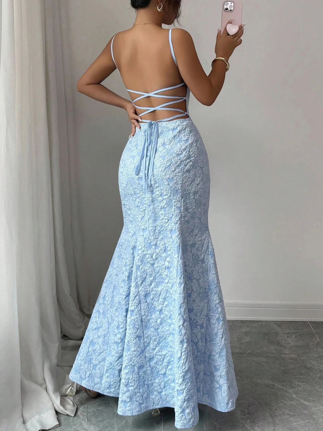 Damen Meerjungfrauenkleid Hellblau mit Spaghettiträgern, rückenfrei, Schnürung, Maxirock, formelles Abendkleid für Frühling und Sommer
