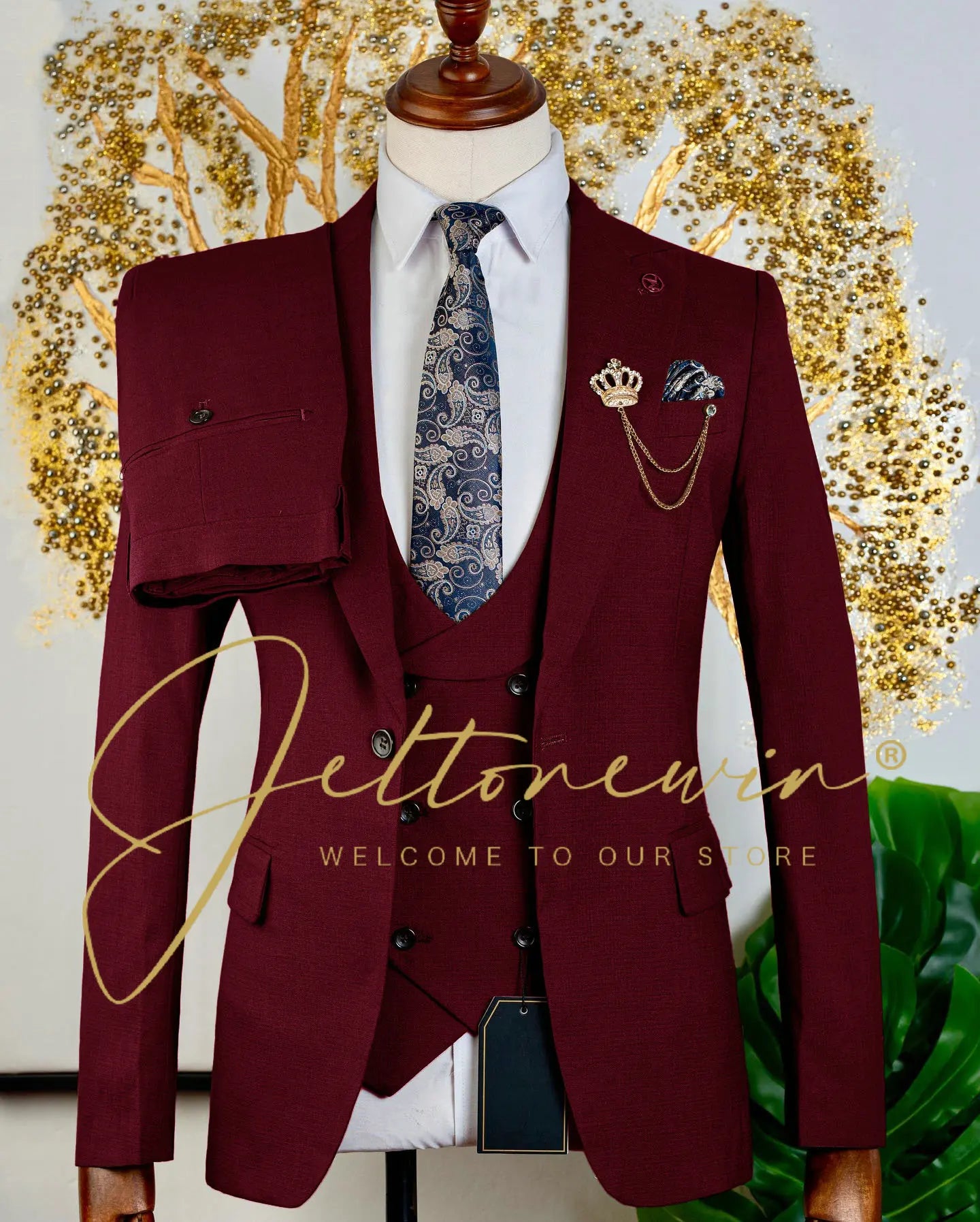 Brauner dreiteiliger Herrenanzug mit Weste und Hose, schmale Passform, formelle Kleidung für Hochzeit, Trauzeugen, Party, Business-Anlass