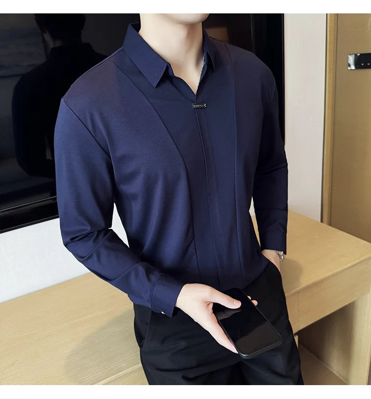 Men Long Sleeved Polo Shirt 2024 Autumn British Style Solid Casual Elastic Slim Fit T-shirt Formal Dress Polo Shirt Men Clothing
