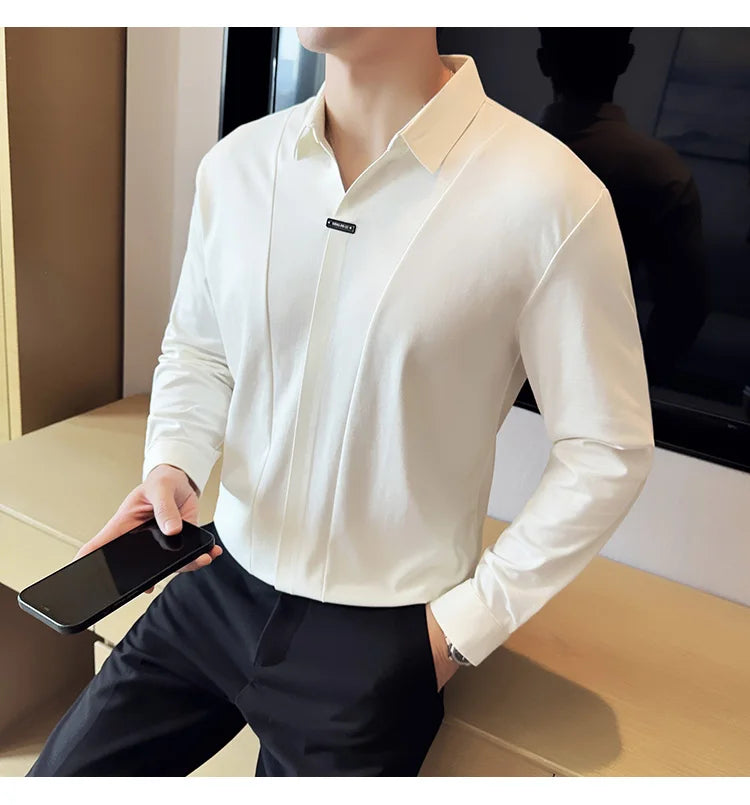 Herren-Poloshirt mit langen Ärmeln, 2026, Frühling, britischer Stil, einfarbig, elastisch, schmale Passform, T-Shirt, formelle Kleidung, Poloshirt, Herrenbekleidung
