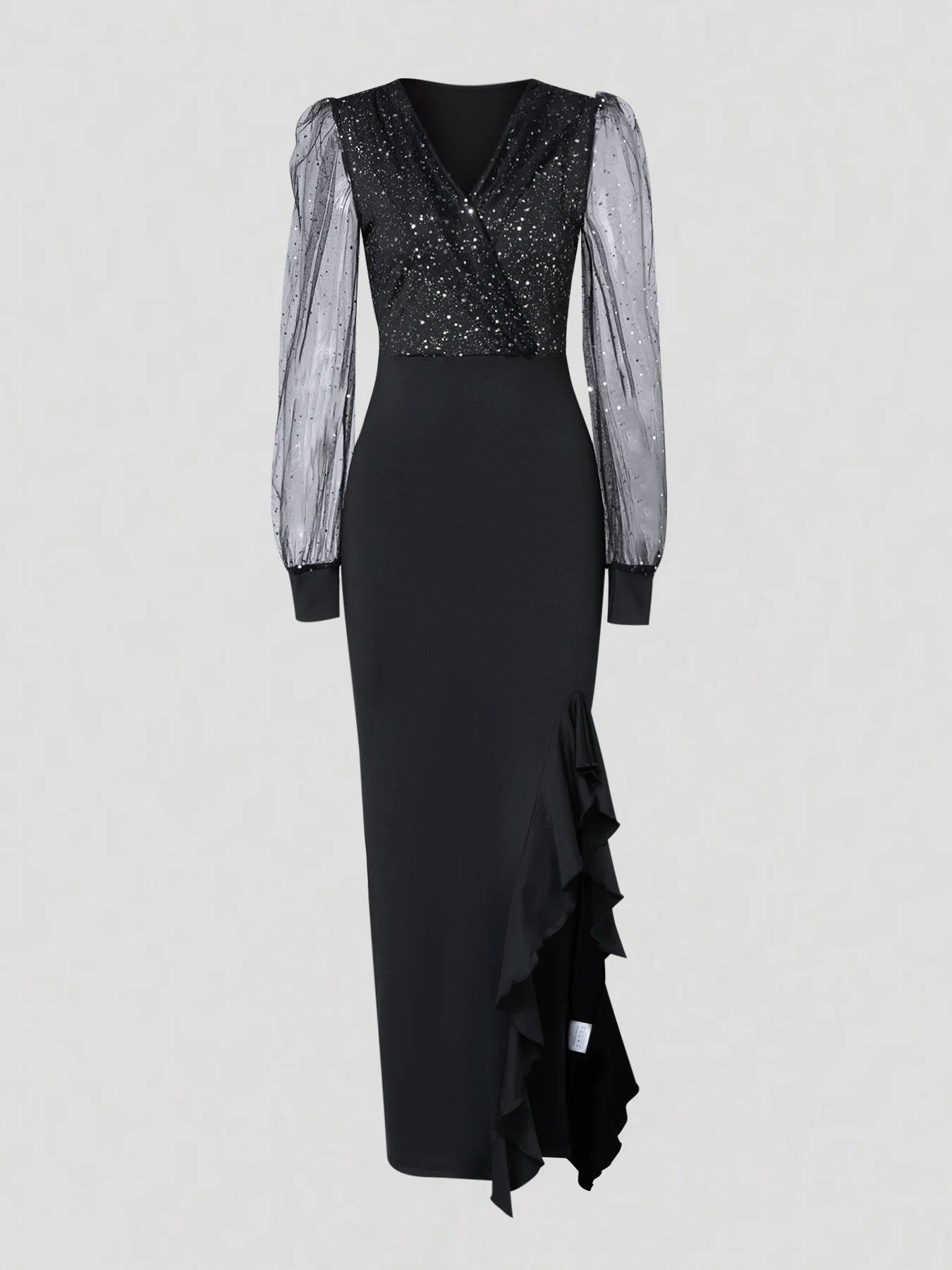 Damen Schwarzes Pailletten-Meerjungfrauenkleid V-Ausschnitt Transparentes Netzstoff Puffärmel Rüschen Schlitz Elegantes Sexy Frühling Sommer Party Maxikleid