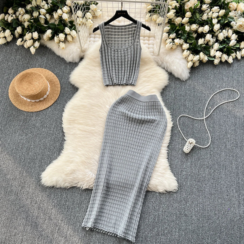 Sommer Frauen Mode Rock Set sexy ärmellose Tanktops hohe Taille schlanke lange Saya weibliche zweiteilige Anzüge stricken feste Kleidung