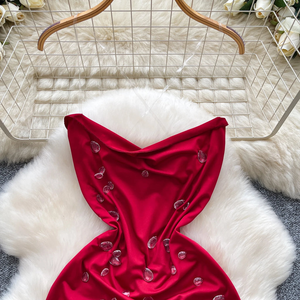 SINGREINY Fashion Beading Mini Sundress Transparent Sling Design Swinging Collar Hot Summer Ladies Sexy Backless Bodycon Dress