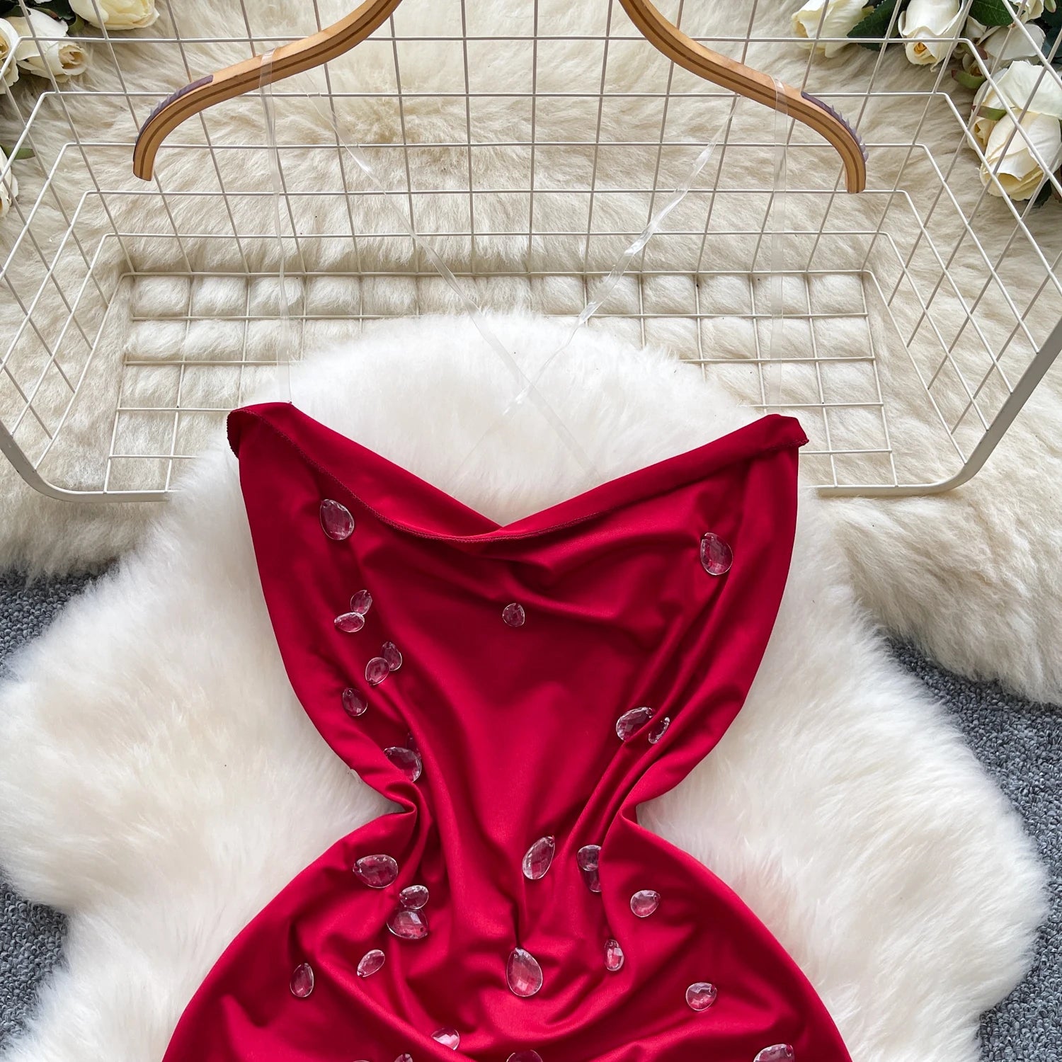 SINGREINY Fashion Beading Mini Sundress Transparent Sling Design Swinging Collar Hot Summer Ladies Sexy Backless Bodycon Dress