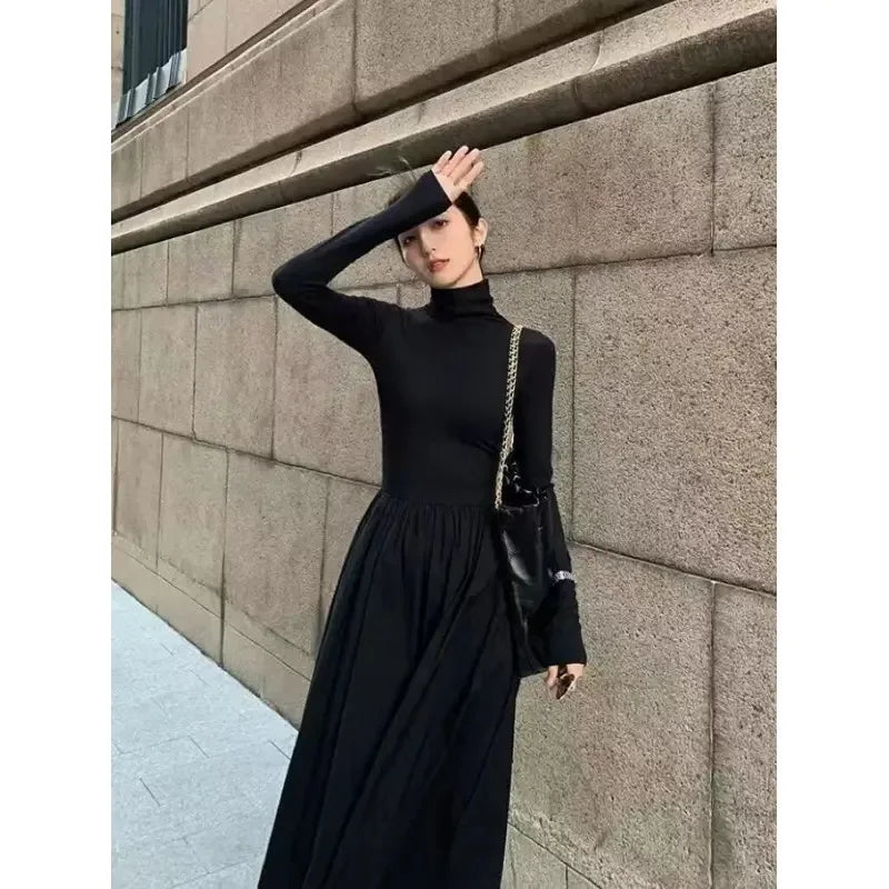Neue Französisch Stil Temperament frauen High-Grade Schwarz Kleid Hepburn Stil Grau Rollkragen Kleid für Frauen Herbst Winter DF4964