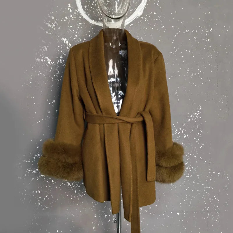 UCXQ Elegant OL Office Lady Overcoats Fur Patchwork Long Sleeve Woolen Coat Beautiful Women's Clothing Jacket Autumn 2025 Winter