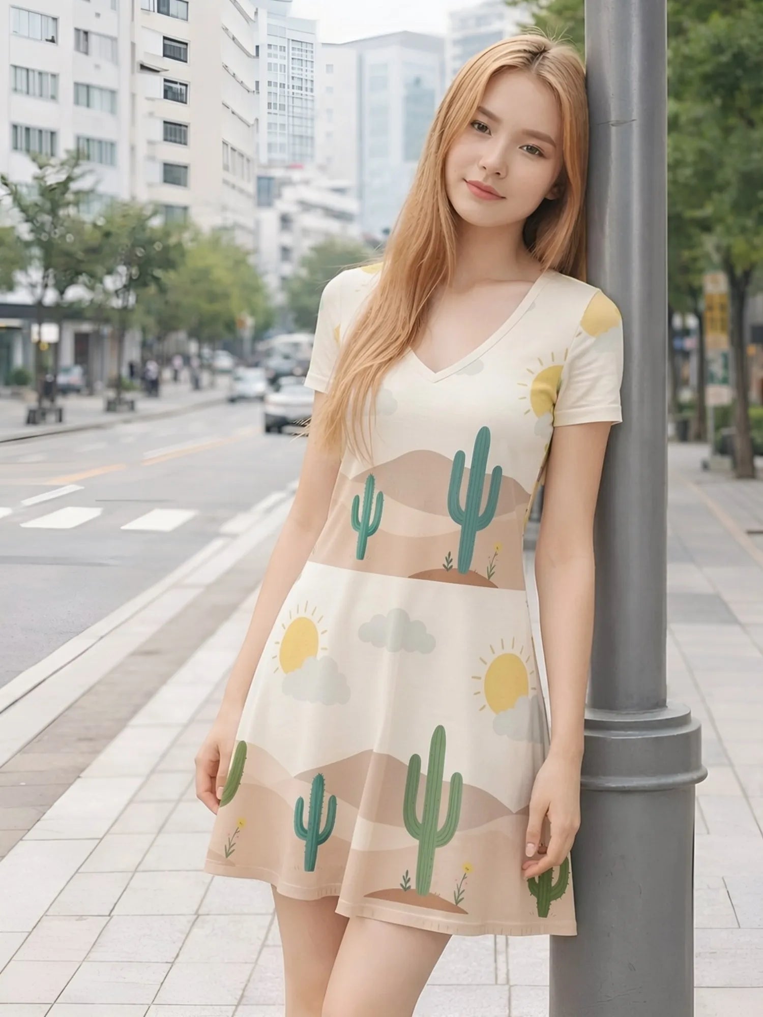 Damen-Kleid mit V-Ausschnitt und kurzen Ärmeln, Blumenmuster, lässig, für Wochenendreisen, Sommer, Sonnenkleid, Outfit, süß, modern, niedlich, frisch, Freizeit, Alltag, Party
