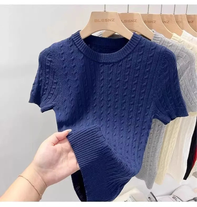Zjaiss 2026 Sommer Koreanisches Retro Elegantes Textur-Kurzarm-Oberteil mit O-Ausschnitt und Zopfmuster für Damen – Weiches, lässiges, vielseitiges, dünnes T-Shirt