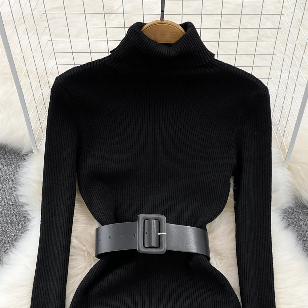 REALEFT Herbst Winter 2025, neue Rollkragen frauen Gestrickte Kleider mit Gürtel Langarm Elegante Bodycon Wrap Kleid Weibliche