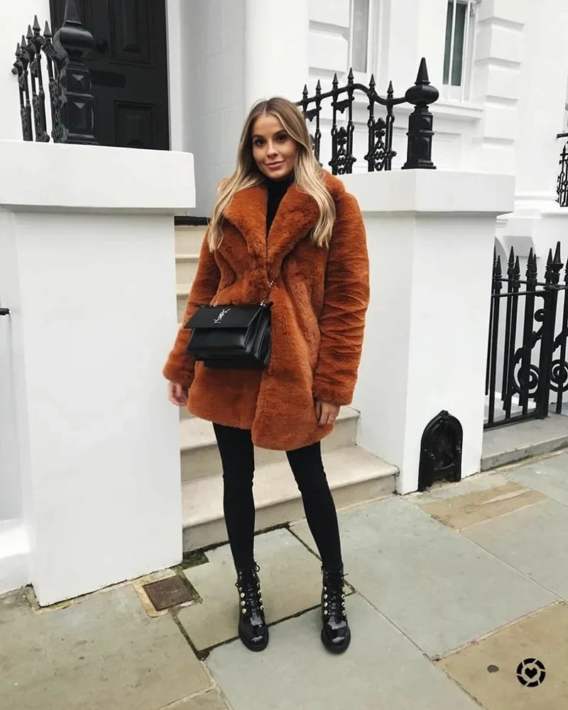 Mittellanger Kunstpelzmantel für Damen, Winter-Plüschjacke, Übergrößenmantel, flauschige Reversjacke, weibliche Oberbekleidung, flauschiges Oberteil