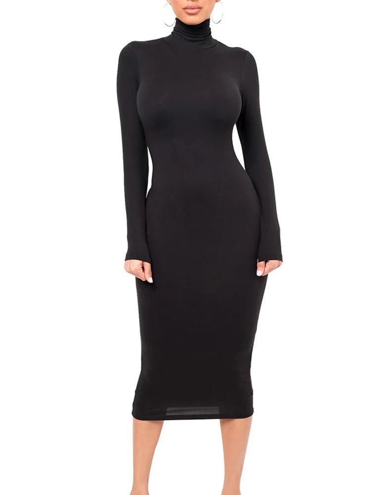Winter Schwarz Rollkragen Sexy Frauen Kleid Herbst Langarm Dünne Midi Boydcon Casual Blau Plüsch Knie-Länge Party