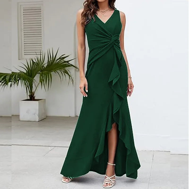 Sexy Schlitz, Rüschen, ärmellos, Abendkleider für Damen, modisch, V-Ausschnitt, schlank, plissiert, elegantes weibliches Maxi-langes Kleid 2025,