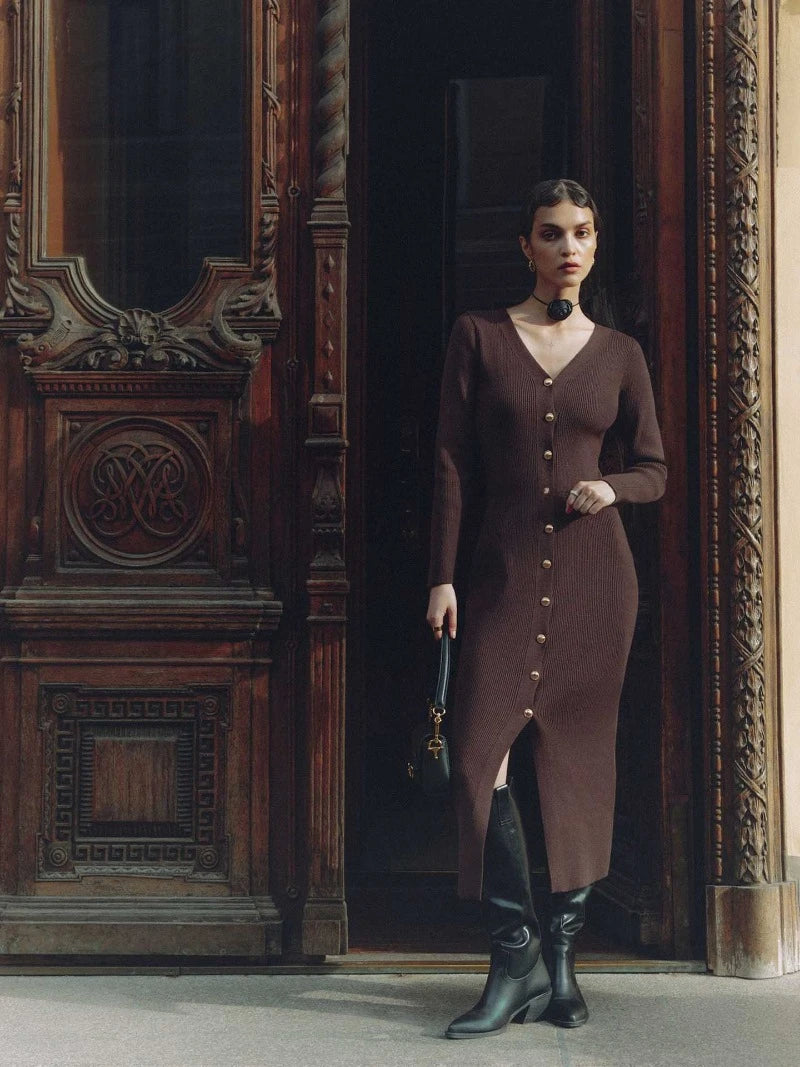 Trendix Elegantes Abendkleid für Damen, V-Ausschnitt, lange Ärmel, Patchwork, Knopf, Schlitz, Pullover, Kleider, 2024, Herbst und Winter, gestricktes Maxikleid