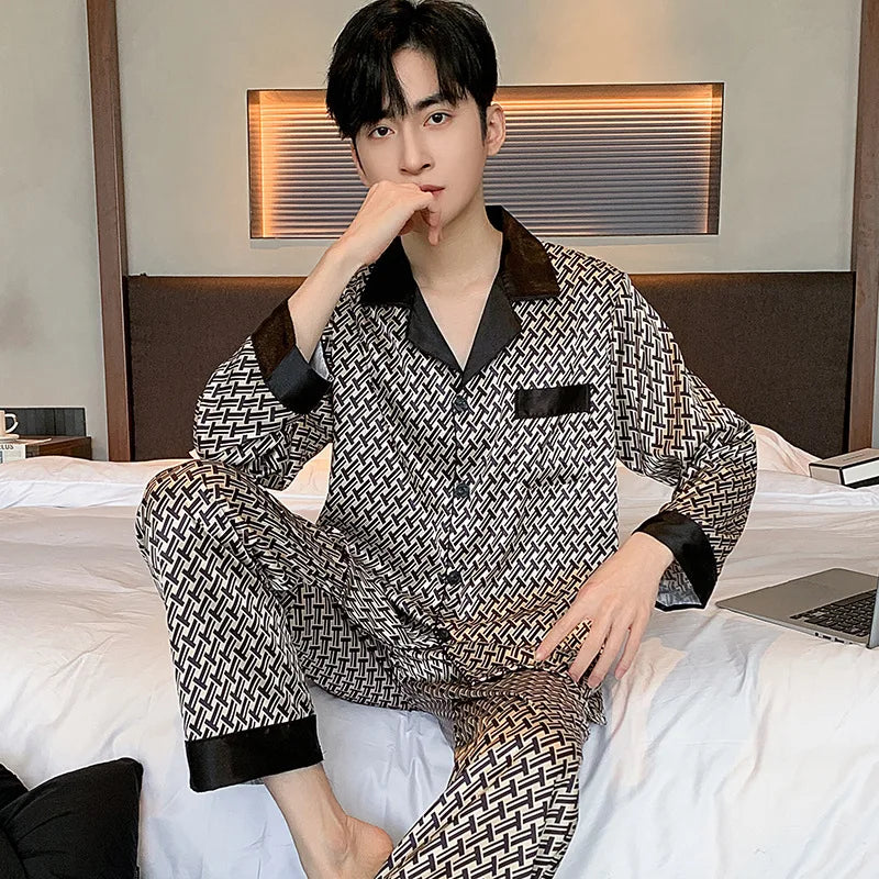 Hohe Qualität Pyjamas Set Männer Frühling Herbst Dünne Polyester Eis Seide Lange ärmeln Nachtwäsche Plus Größe Sommer Hause Kleidung männlichen