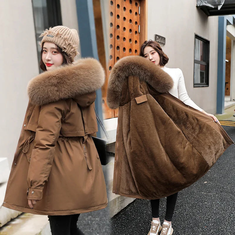 Frühling Parkas Frauen Mäntel Mittlere Länge Mantel Dicke Warme Mit Kapuze Kordelzug Jacken Splice Zipper Enge Taille Jacke Herbst Winter
