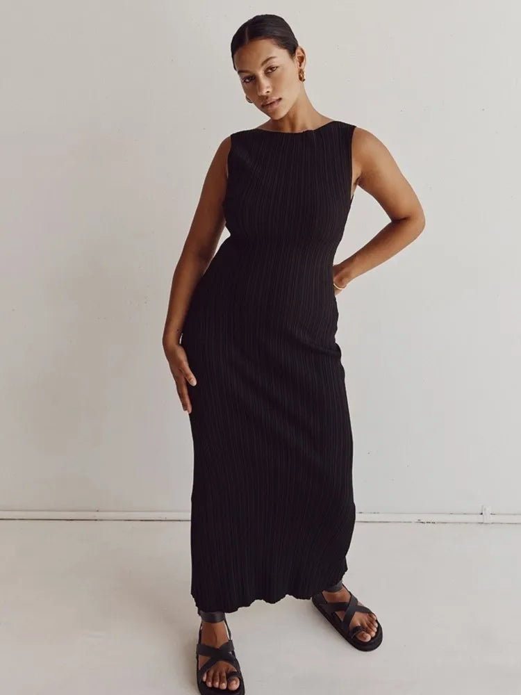 Baumwolle Gestrickte Streifen Kleider Für Frauen Einfarbig Ärmel O Neck Damen Party Langes Kleid 2025, Neue Casual Pendeln Vestidos