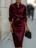 Satin-Kleid mit Wasserfallausschnitt und Gürtel, langärmliges, figurbetontes Midikleid für Damen, elegantes, lässiges Party- und Abendkleid
