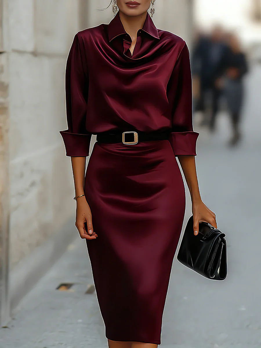 Satin-Kleid mit Wasserfallausschnitt und Gürtel, langärmliges, figurbetontes Midikleid für Damen, elegantes, lässiges Party- und Abendkleid