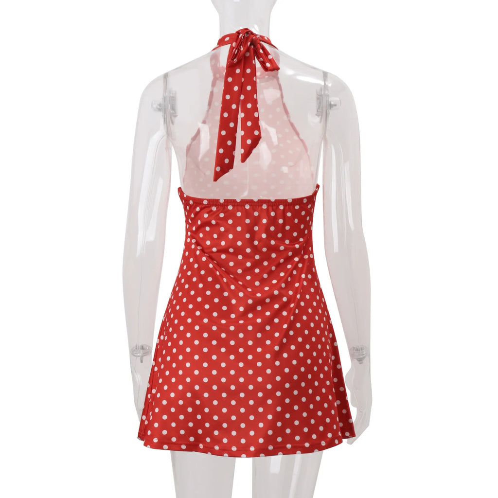 Polka Dot Elegante Off Schulter Ärmellose Backless Hohe Taille Halter Mini Kleid Y2K Sommer Fashion Club Party Vestidos