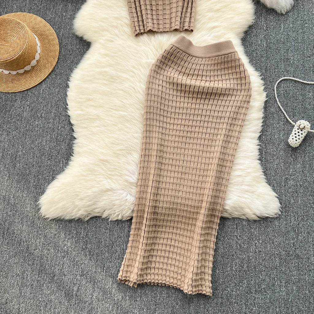 Sommer Frauen Mode Rock Set sexy ärmellose Tanktops hohe Taille schlanke lange Saya weibliche zweiteilige Anzüge stricken feste Kleidung