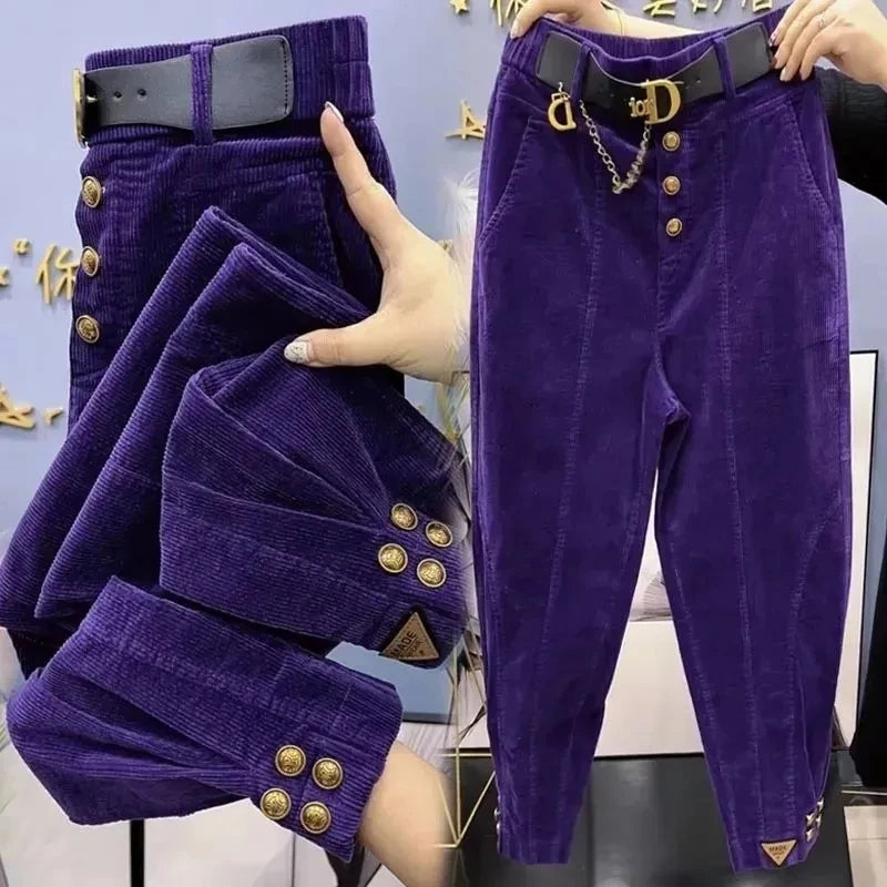 2023 Autumn Winter Korean Solid Color Thick Warm Corduroy Pants Women Loose Casual Be All-Match Bundle Foot Ladies Harem Pants