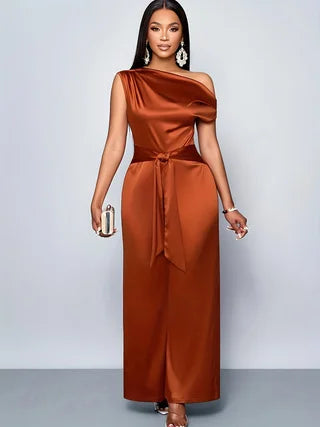 2026 Sommer Neuer Stil Einschultriger Rückenfreier Jumpsuit mit Bindedetail und weitem Bein im französischen High-End-Bankett-Stil, taillierter, schlankmachender Jumpsuit in Übergröße für Damen, geeignet für Party und