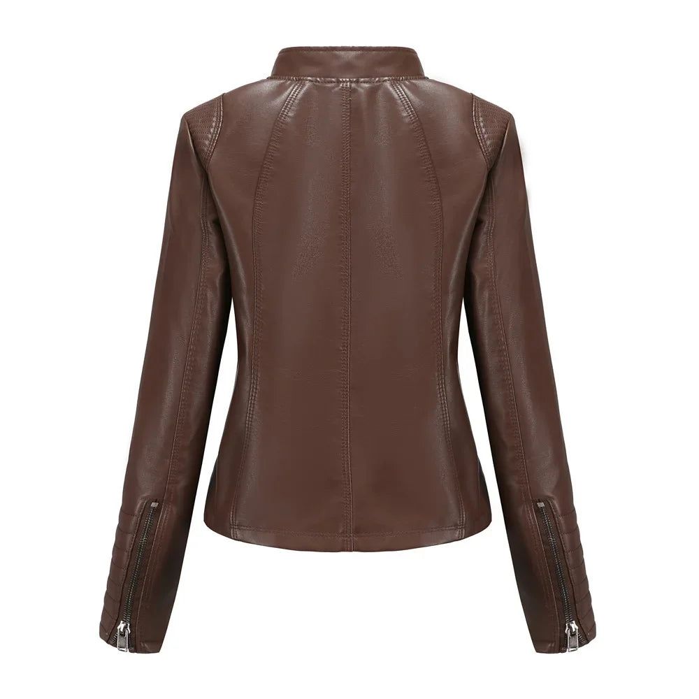 Neue 20-Damen-Lederjacke, dünn, Motorrad-Stil, kurze modische Damenjacke, Stehkragen, volle Ärmel, aus dem Festland China