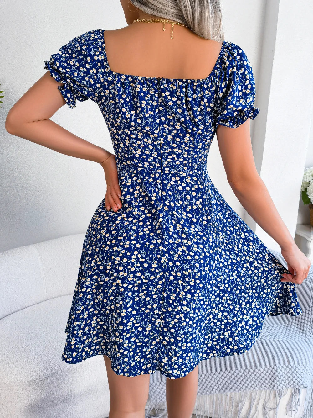 Sommer Blumendruck Kurzes Kleid Bufftrly Ärmel Retro Damenkleider Mode Lässig Square Neck Tunika Strandkleid Elegant Chic