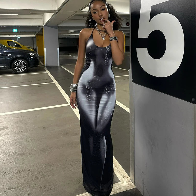 Hugcitar 2025 Frühling Halter Print Halter-Backless Verband Gürtel Sexy Bodycon Maxi Kleid Frauen Mode Outfits Streetwear Festival