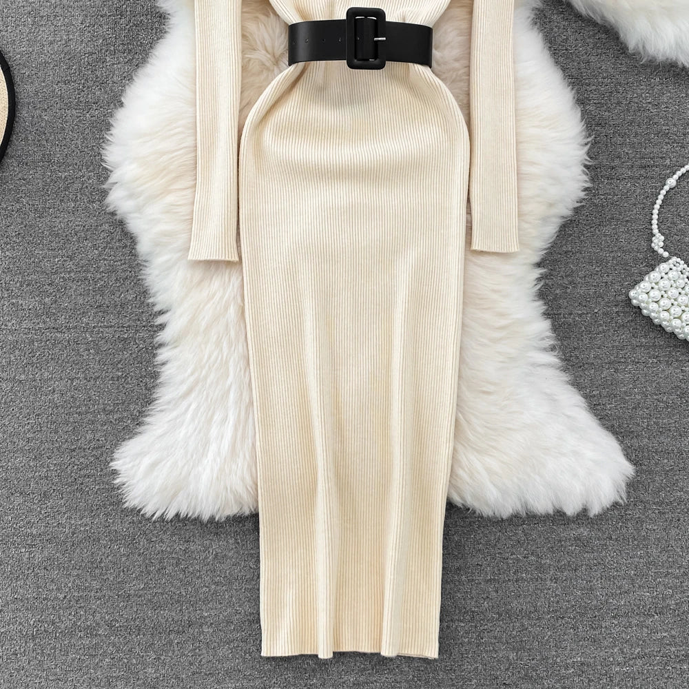 REALEFT Herbst Winter 2025, neue Rollkragen frauen Gestrickte Kleider mit Gürtel Langarm Elegante Bodycon Wrap Kleid Weibliche