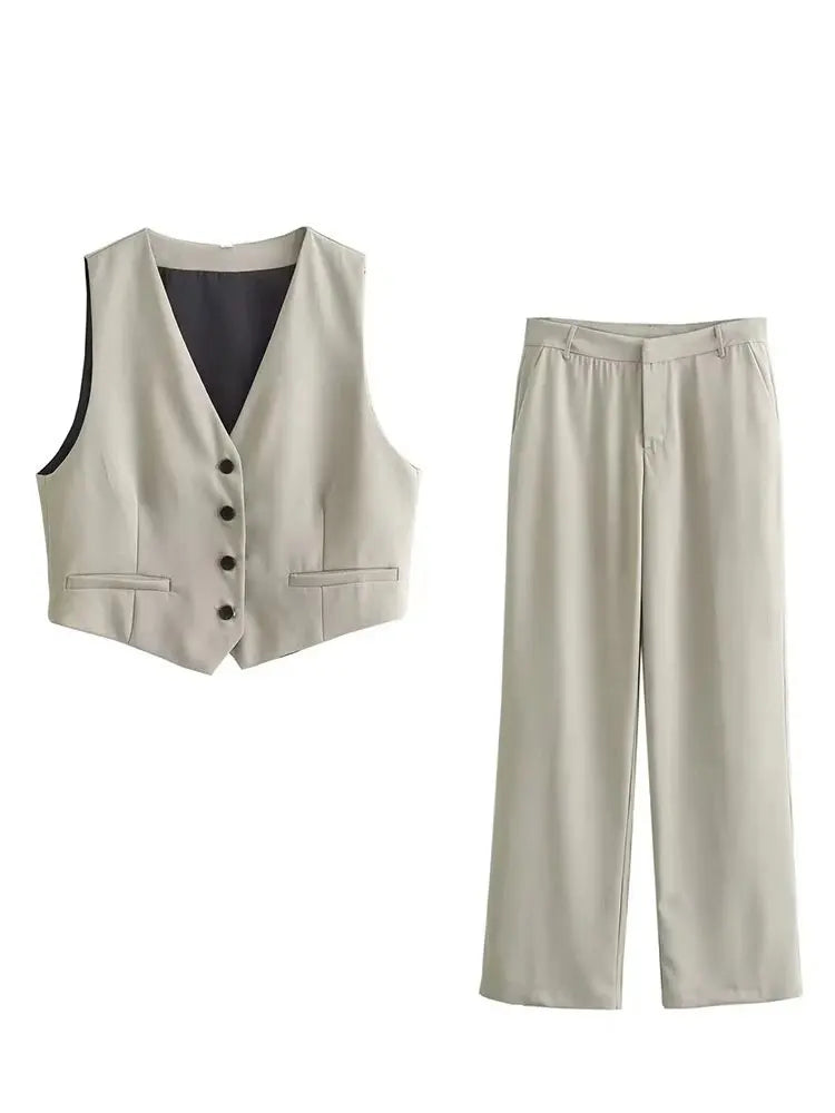 HH Damen ärmellose Weste mit Knöpfen & weit geschnittene Hose 2-teiliger Anzug Lässiges Büro-Arbeitsoutfit für den täglichen Geschäftsgebrauch.